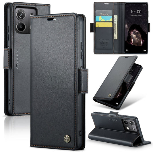 Pour Xiaomi Redmi Note 13 5G, étui portefeuille en cuir texturé litchi avec boucle papillon et protection RFID de la marque CaseMe 023 (noir)