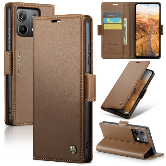 Pour Xiaomi Redmi Note 13 5G Étui de téléphone en cuir anti-vol RFID CaseMe 023 avec boucle papillon et texture litchi (marron)