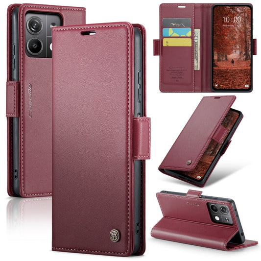 Pour Xiaomi Redmi Note 13 5G Étui Caseme 023 Boucle Papillon Texture Litchi RFID Antivol en Cuir (Rouge Vin)