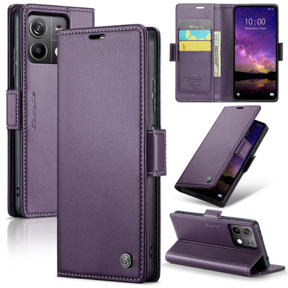 Pour Xiaomi Redmi Note 13 5G Étui de téléphone en cuir anti-vol RFID CaseMe 023 avec boucle papillon et texture litchi (Violet Nacré)