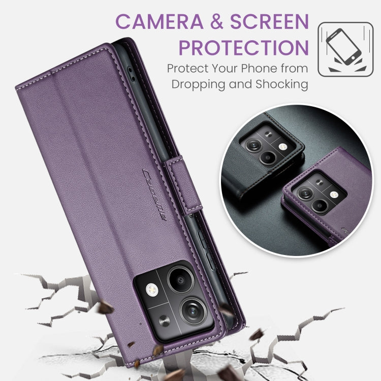Pour Xiaomi Redmi Note 13 5G Étui de téléphone en cuir anti-vol RFID CaseMe 023 avec boucle papillon et texture litchi (Violet Nacré)