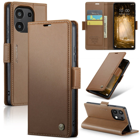 Pour Xiaomi Redmi Note 13 4G Étui papillon CaseMe 023 en cuir texture litchi avec anti-RFID (Marron)