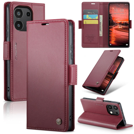 Pour Xiaomi Redmi Note 13 4G Étui papillon CaseMe 023 avec texture litchi et protection RFID antivol en cuir (Rouge Vin)