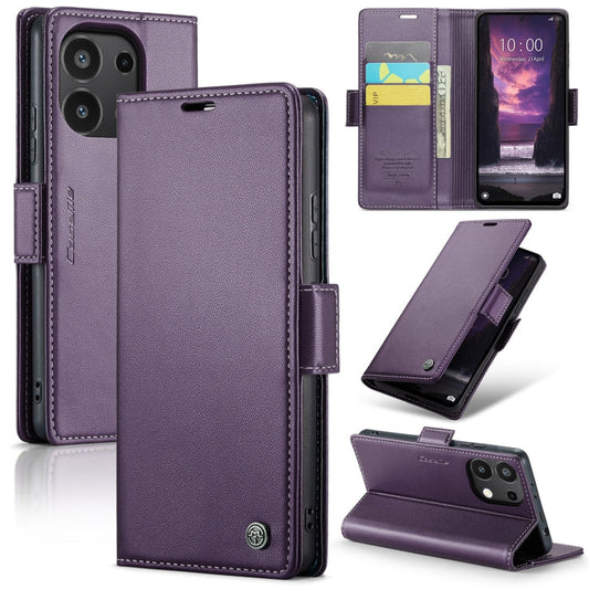 Pour Xiaomi Redmi Note 13 4G Étui papillon CaseMe 023 avec boucle texture litchi et protection RFID en cuir (violet nacré)