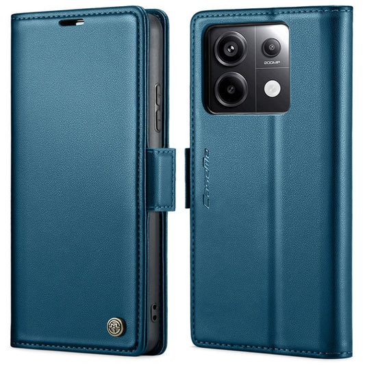 Pour Xiaomi Redmi Note 13 Pro 4G Étui en cuir texturé litchi avec boucle papillon CaseMe 023 anti-RFID (bleu)