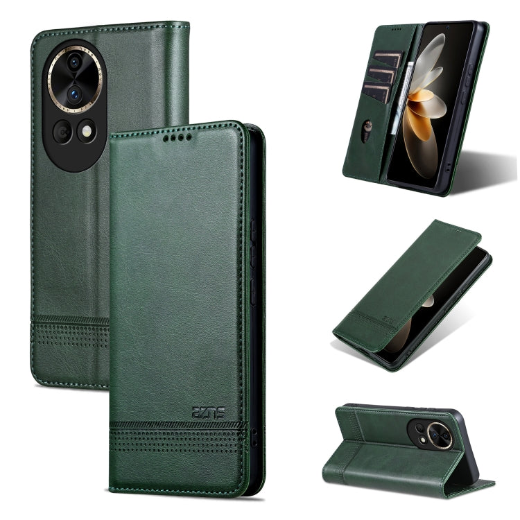 Pour Huawei nova 12 Étui de téléphone en cuir à rabat texturé veau magnétique AZNS (vert foncé)