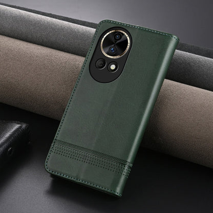 Pour Huawei nova 12 Étui de téléphone en cuir à rabat texturé veau magnétique AZNS (vert foncé)