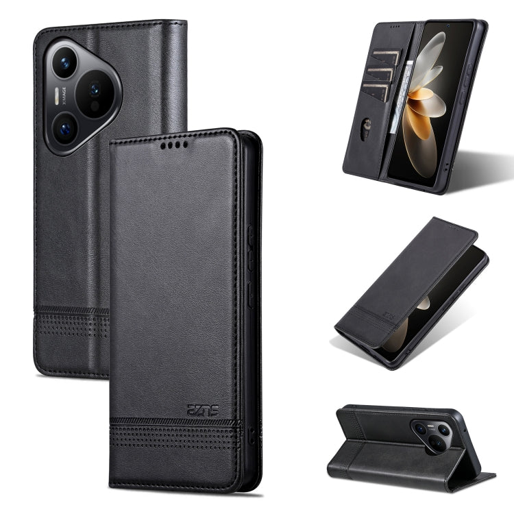Pour étui de téléphone en cuir rabattable à texture veau magnétique AZNS pour Huawei Pura 70 (noir)