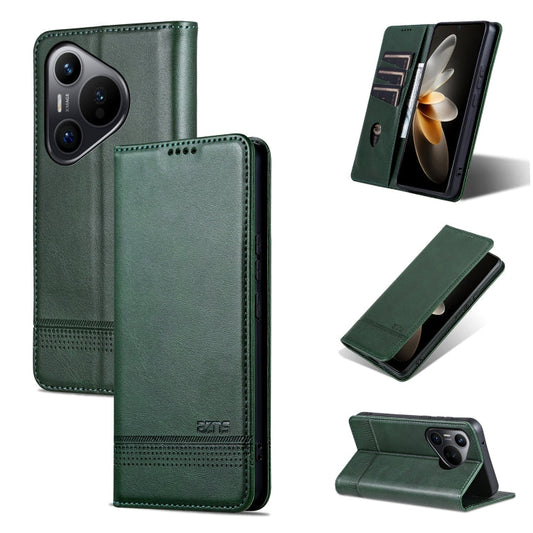 Pour Huawei Pura 70 Étui de téléphone en cuir à rabat texture veau magnétique AZNS (Vert foncé)