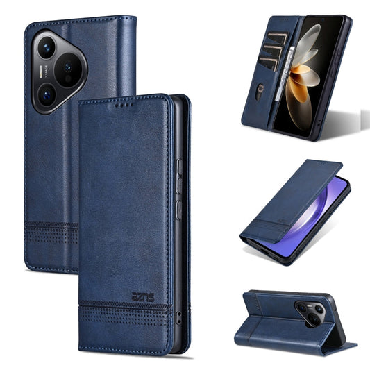 Pour Huawei Pura 70 AZNS Étui de téléphone en cuir à rabat texturé veau magnétique (Bleu foncé)