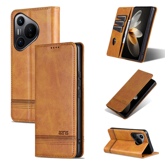Pour Huawei Pura 70 Étui de téléphone en cuir à rabat magnétique AZNS avec texture de veau (Marron clair)
