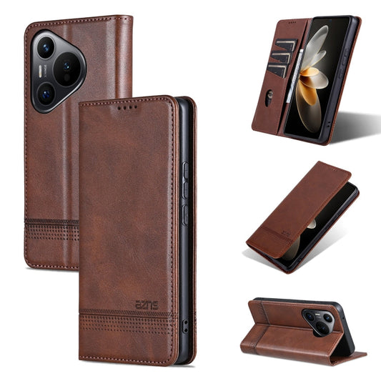 Pour Huawei Pura 70 Étui de téléphone en cuir à rabat texture veau magnétique AZNS (marron foncé)
