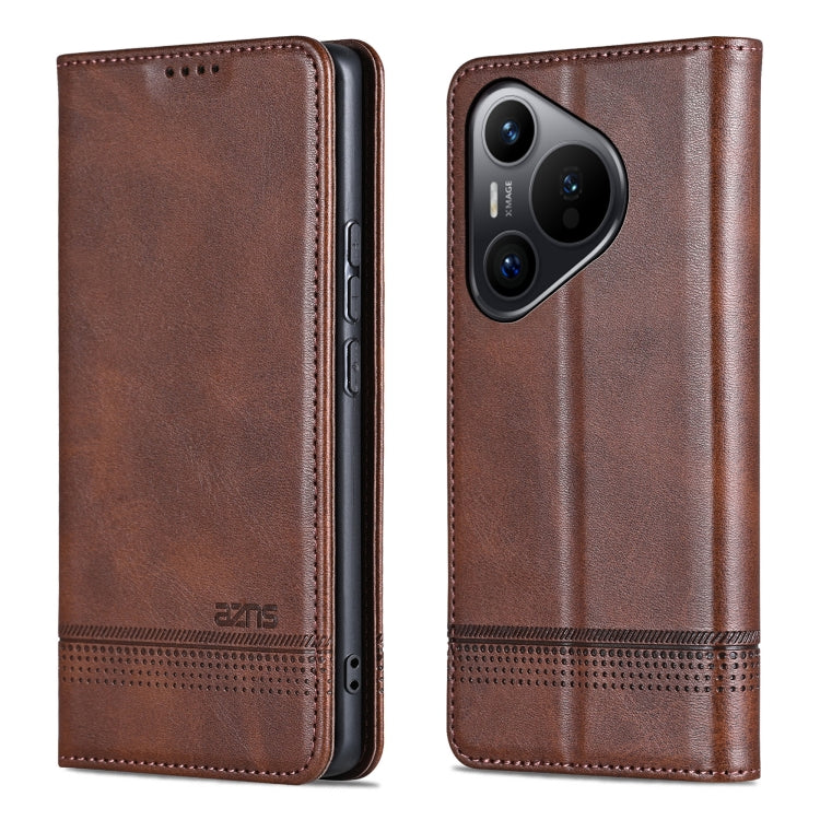 For Huawei Pura 70 AZNS Magnetic Calf Texture Flip Leather Phone Case(Dark Brown)
