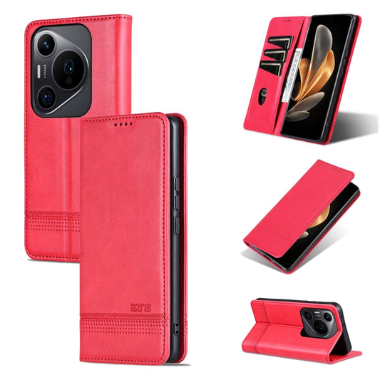 Pour Huawei Pura 70 Pro / 70 Pro+ Étui de téléphone en cuir à rabat texturé veau magnétique AZNS (rouge)