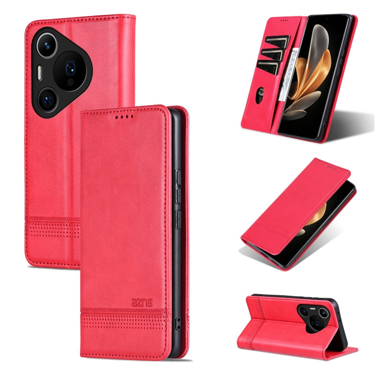 Pour Huawei Pura 70 Pro / 70 Pro+ Étui de téléphone en cuir à rabat texturé magnétique en veau fin AZNS (rouge)