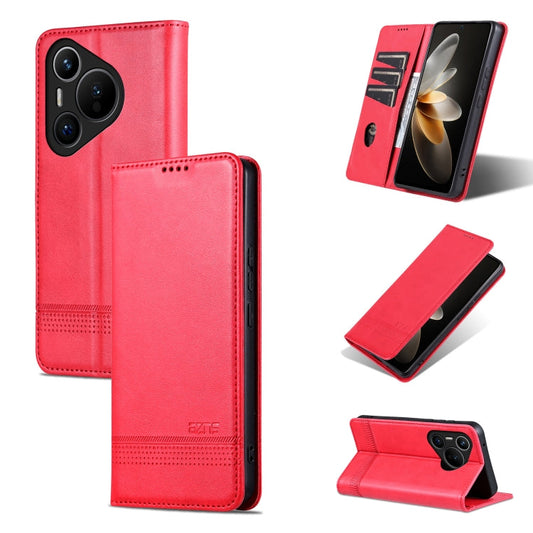 Pour Huawei Pura 70 Étui de téléphone en cuir à rabat magnétique AZNS avec texture veau et trou fin (rouge)