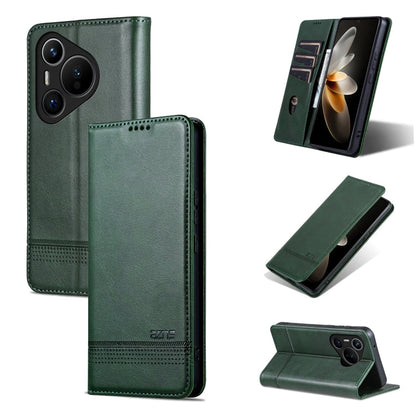 For Huawei Pura 70 Fine Hole AZNS Magnetic Calf Texture Flip Leather Phone Case(Dark Green)
