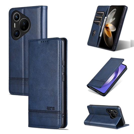 Pour Huawei Pura 70 Étui de téléphone en cuir véritable AZNS à texture de veau avec trou fin et rabat magnétique (bleu foncé)