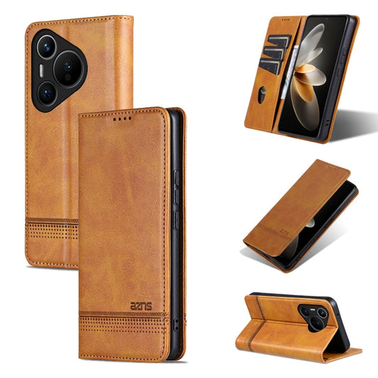 Pour Huawei Pura 70 Étui de Téléphone en Cuir Rabat à Texture Veau Magnétique AZNS à Trou Fin (Marron Clair)