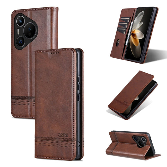 Pour Huawei Pura 70 Étui de téléphone en cuir à rabat texture veau magnétique AZNS avec trou précis (marron foncé)