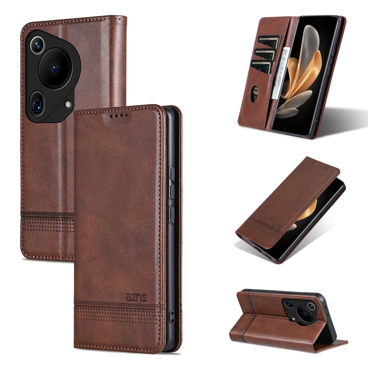 Pour Huawei Pura 70 Ultra Étui de téléphone à rabat en cuir à texture de veau magnétique AZNS (marron foncé)