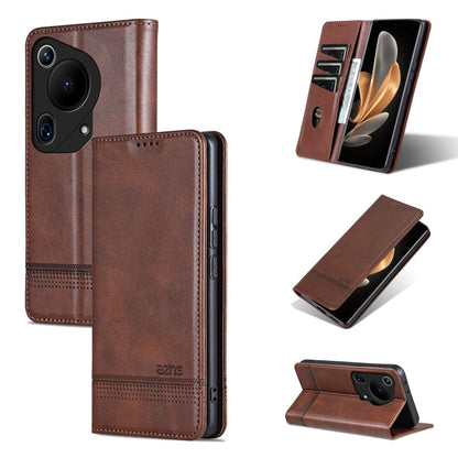 Pour Huawei Pura 70 Ultra Étui de téléphone à rabat en cuir à texture de veau magnétique AZNS (marron foncé)