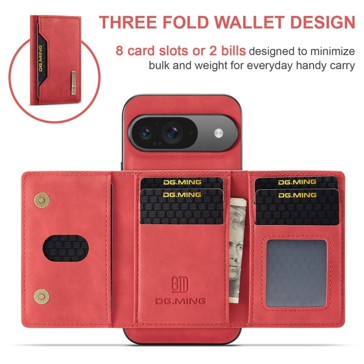 Pour Google Pixel 9 / 9 Pro DG.MING Série M2 Étui portefeuille multifonction à 3 volets avec porte-cartes et coque de téléphone magnétique (rouge)