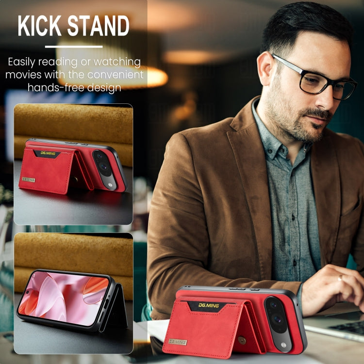 Pour Google Pixel 9 / 9 Pro DG.MING Série M2 Étui portefeuille multifonction à 3 volets avec porte-cartes et coque de téléphone magnétique (rouge)