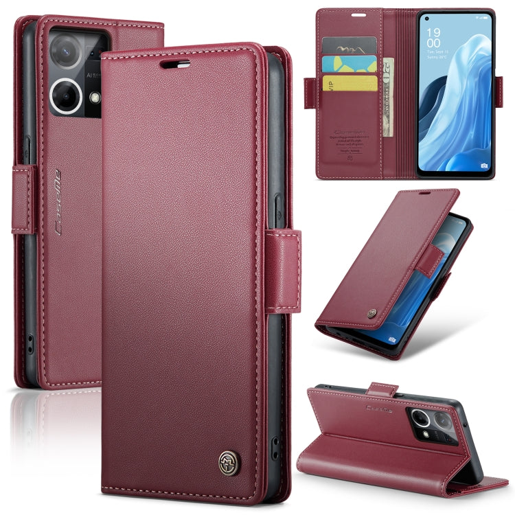 For OPPO Reno7 4G Indonesia/F21 Pro 4G/Reno8 4G CaseMe 023 Butterfly Buckle Litchi Texture RFID Anti-theft Leather Phone Case(Wine Red)