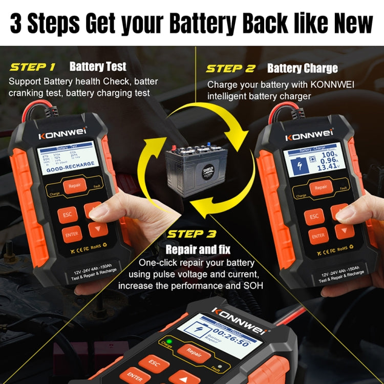 KONNWEI KW520 Testeur de batterie de voiture 12V / 24V 3 en 1 avec fonctions de détection, réparation et charge (prise UK)