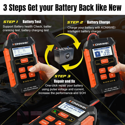KONNWEI KW520 Testeur de batterie de voiture 12V / 24V 3 en 1 avec fonctions de détection, réparation et charge (prise UK)