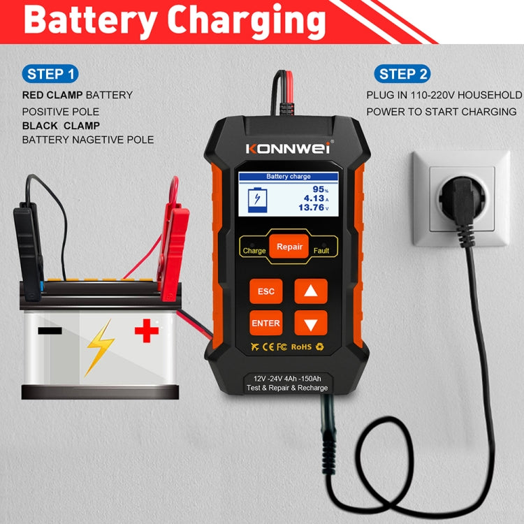 KONNWEI KW520 Testeur de batterie de voiture 12V / 24V 3 en 1 avec fonctions de détection, réparation et charge (prise UK)