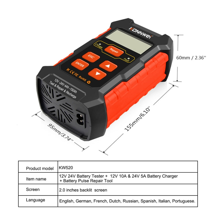 KONNWEI KW520 Testeur de batterie de voiture 12V / 24V 3 en 1 avec fonctions de détection, réparation et charge (prise UK)
