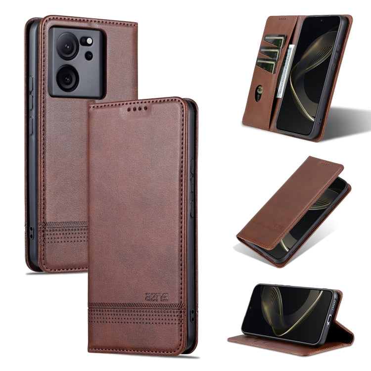 Pour Xiaomi Redmi K60 Ultra/Mi 13T/13T Pro AZNS Étui portefeuille en cuir magnétique à texture de veau (marron foncé)