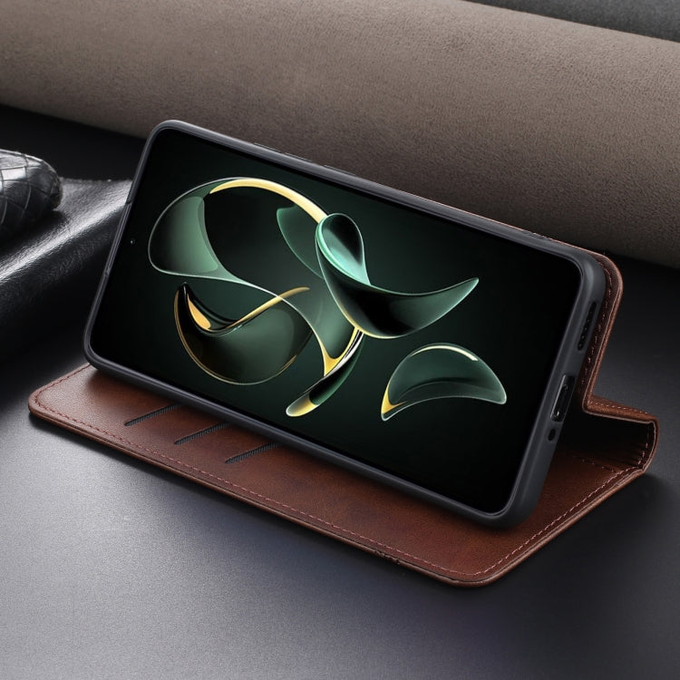 Pour Xiaomi Redmi K60 Ultra/Mi 13T/13T Pro AZNS Étui portefeuille en cuir magnétique à texture de veau (marron foncé)