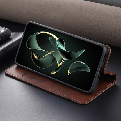 Pour Xiaomi Redmi K60 Ultra/Mi 13T/13T Pro AZNS Étui portefeuille en cuir magnétique à texture de veau (marron foncé)