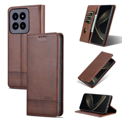 Pour Xiaomi 14 Pro, Étui de téléphone en cuir à rabat texturé veau magnétique AZNS (marron foncé)