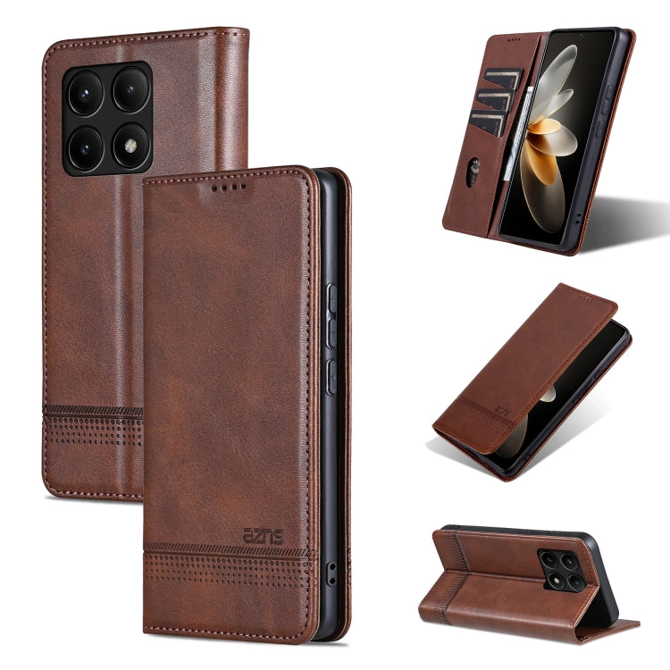 Pour Xiaomi Redmi K70/K70 Pro Étui de téléphone en cuir à rabat texturé magnétique AZNS (Marron Foncé)
