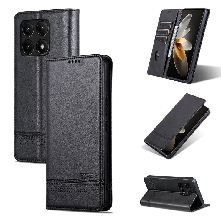 Pour Xiaomi Redmi K70E, coque de téléphone à rabat magnétique en cuir grainé de veau AZNS (Noir)