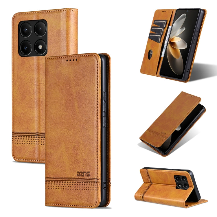 For Xiaomi Redmi K70E AZNS Magnetic Calf Texture Flip Leather Phone Case(Light Brown)