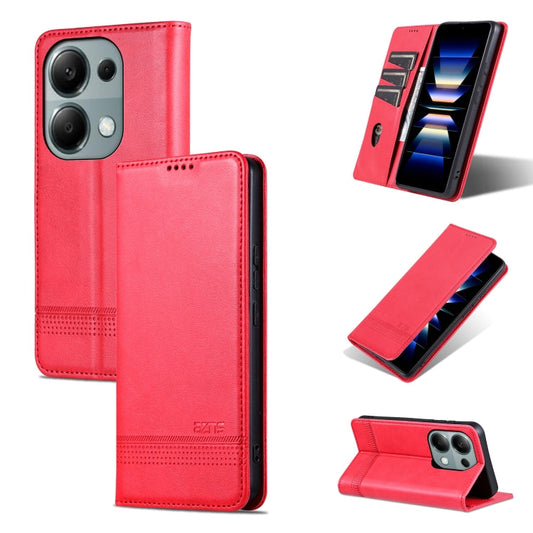 Pour Xiaomi Redmi Note 13 Pro 4G AZNS Étui de téléphone en cuir à rabat texturé veau magnétique (Rouge)