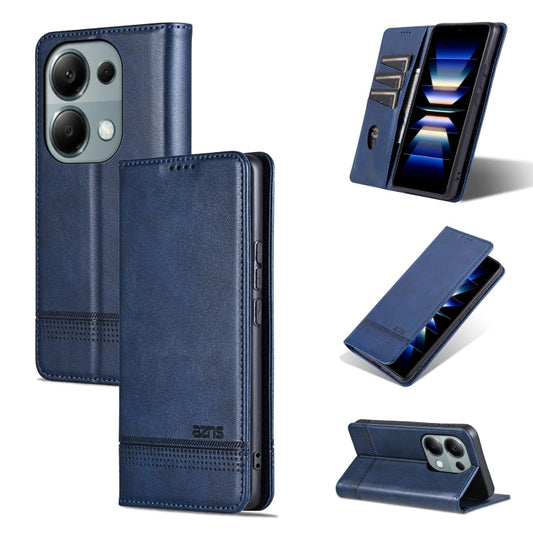 Pour Xiaomi Redmi Note 13 Pro 4G Étui de Téléphone en Cuir à Rabat Texture Veau Magnétique AZNS (Bleu Foncé)