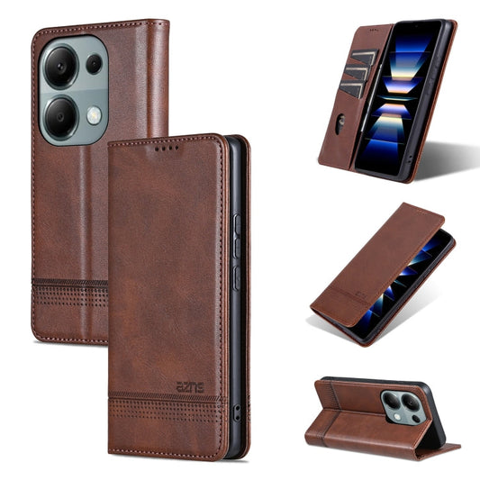 Pour Xiaomi Redmi Note 13 Pro 4G AZNS Coque de Téléphone en Cuir à Rabat Texture Veau Magnétique (Marron Foncé)
