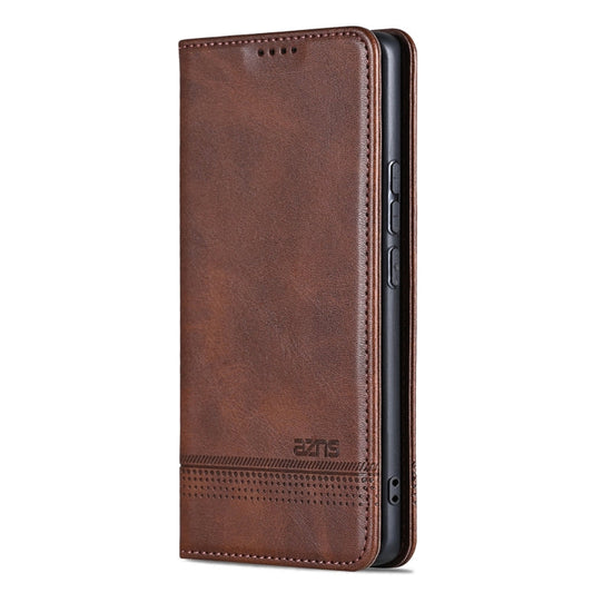 Pour Xiaomi Redmi Note 13 Pro 4G AZNS Coque de Téléphone en Cuir à Rabat Texture Veau Magnétique (Marron Foncé)