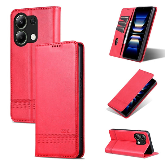 Pour Xiaomi Redmi Note 13 4G AZNS Coque de Téléphone en Cuir à Rabat Texture Veau Magnétique (Rouge)