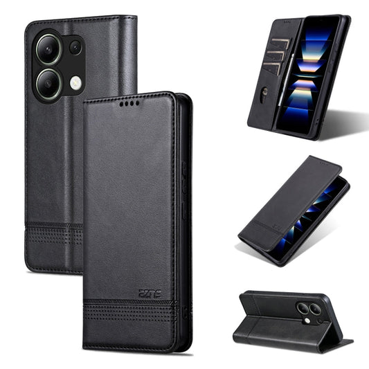 Pour Xiaomi Redmi Note 13 4G AZNS Coque de Téléphone en Cuir à Rabat Texture Veau Magnétique (Noir)