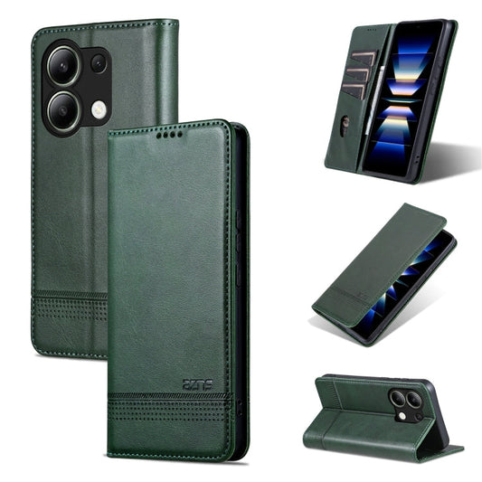 Pour Xiaomi Redmi Note 13 4G Étui de téléphone en cuir rabattable à texture de veau magnétique AZNS (Vert foncé)