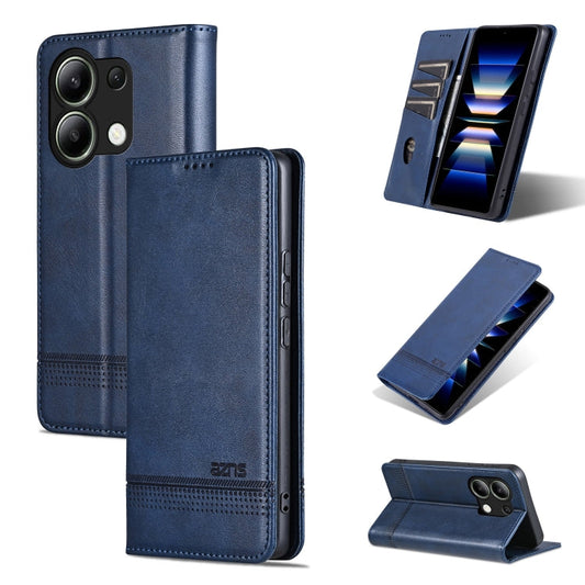 Pour Xiaomi Redmi Note 13 4G AZNS Coque de téléphone en cuir rabattable avec texture veau magnétique (Bleu foncé)