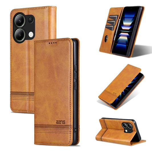 Pour Xiaomi Redmi Note 13 4G Étui de téléphone en cuir à rabat magnétique texturé AZNS (marron clair)