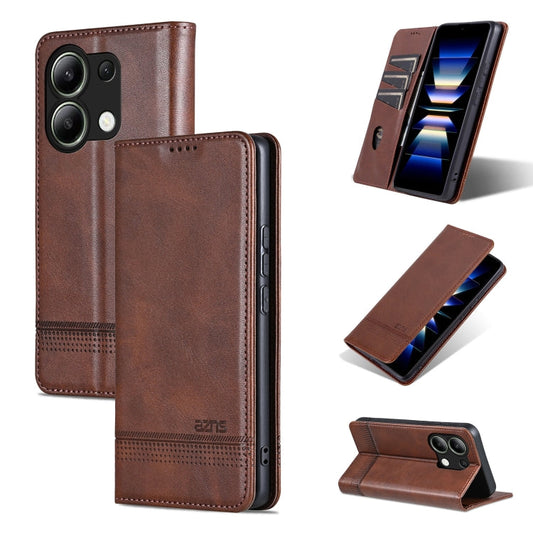 Pour Xiaomi Redmi Note 13 4G AZNS Coque de téléphone en cuir rabattable à texture veau magnétique (marron foncé)